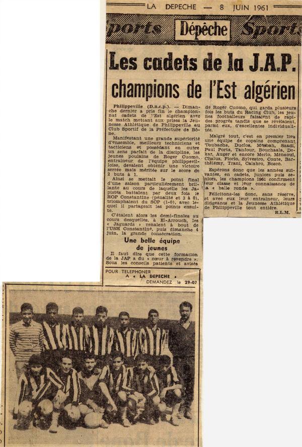 8 juin 1961, les cadets de la JAP, champions du département